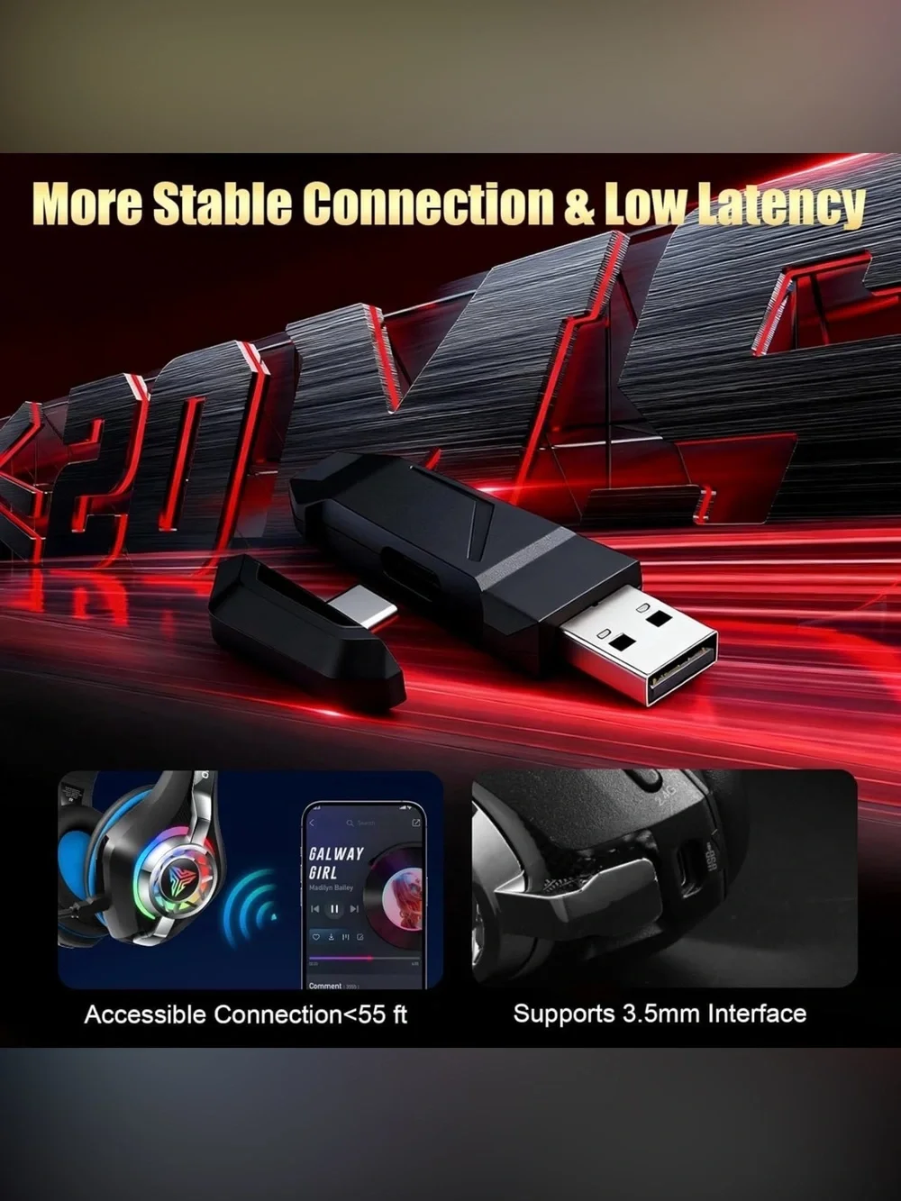 ORDTOP GS400 Wireless Gaming Headset RGB 2.4GHz BT 5.4 for PS5 PS4 PC